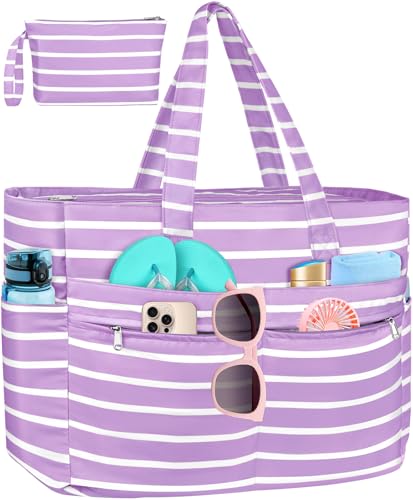 HUANLANG Extra Large Beach Bag Waterproof Beach Totes Bags for Women Men,Pool Bag with Zipper Wet Pocket - color: Purple White