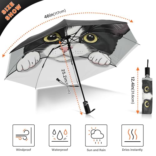 JIPONI Windproof Travel Umbrellas 01 - Large Compact Umbrella for Rain & Sun, Automatic Anti-UV Protection and Light Folding for Backpack & Car - color: Cat