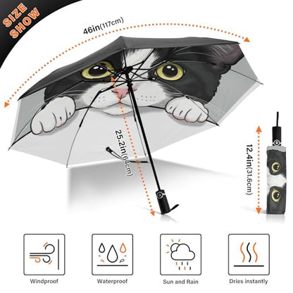 JIPONI Windproof Travel Umbrellas 01 - Large Compact Umbrella for Rain & Sun, Automatic Anti-UV Protection and Light Folding for Backpack & Car - color: Cat