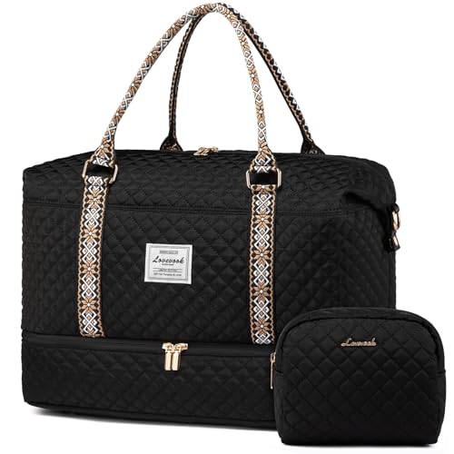 LOVEVOOK Travel Duffle Bag,Weekender Bags for Women with Shoe Compartment - color: Black-tape2, size: Large-2 Pcs