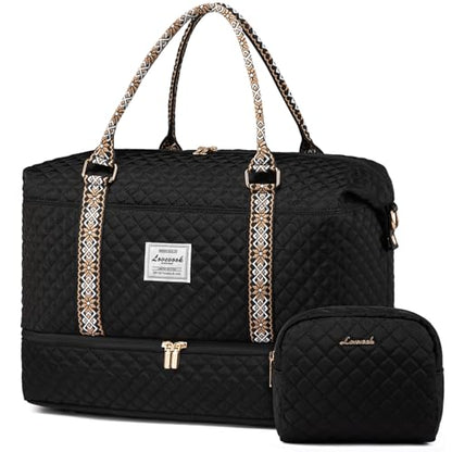 LOVEVOOK Travel Duffle Bag,Weekender Bags for Women with Shoe Compartment - color: Black-tape2, size: Large-2 Pcs