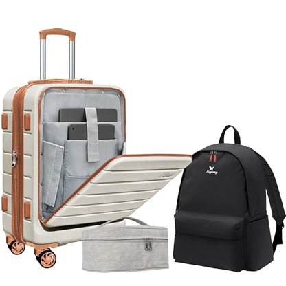 KEYTANG SmileLine 20 inch Carry-On, Lightweight Hardside Suitcase, Expandable Small Suitcase with Front Pocket, WhiteBrown - color: White-Brown, size: 666-Carry-on
