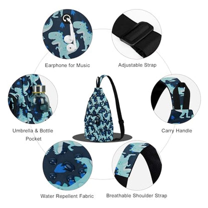 Sling Bag for Women Crossbody Chest Bag Convertible from Left to Right, Water Repellent Gym Backpack, Anit Theft - color: Dinosaur