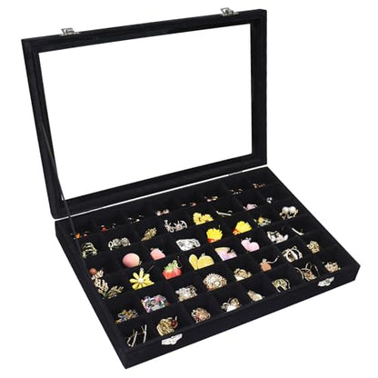 Vicoter 48 Grid Velvet Jewelry Tray Clear Lid Rings Earrings - color: Black, size: 48 Grid