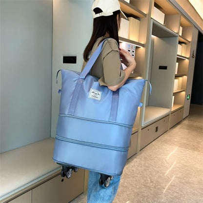 Travel Tote Bag with Trolley Sleeve Expandable Extra Duffel Bag with Wheels Lightweight Traveling Foldable Suitcase - color: Blue