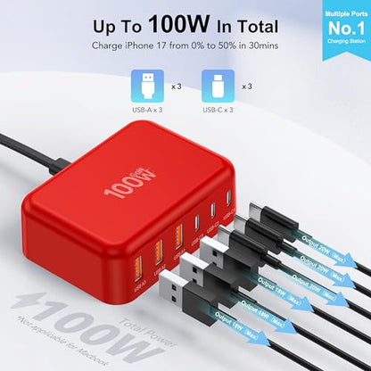 USB C Charger Block, GaN Fast USB Charging Station Hub with 100W Max 6-Port - color: F-Red, size: 100W