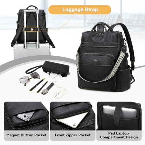 AGLOD Vegan PU Leather 15.6 Inch Laptop Backpack Purse for Women with Top Handle - color: Ks09-black-new