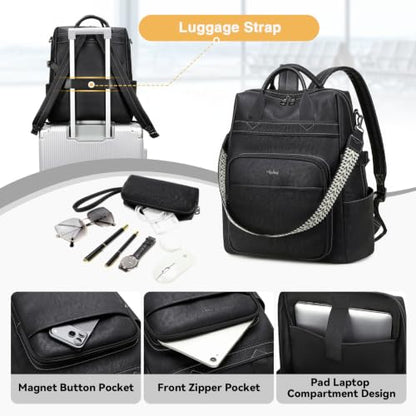 AGLOD Vegan PU Leather 15.6 Inch Laptop Backpack Purse for Women with Top Handle - color: Ks09-black-new