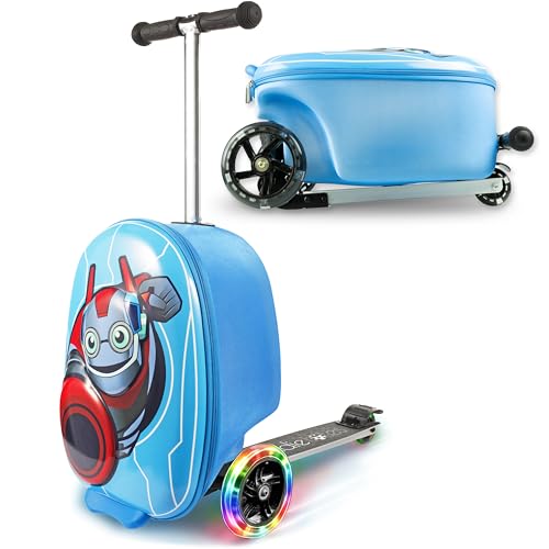 KIDDIETOTES Boys Ride-On Scooter Luggage, Hardside Travel Carry-On Suitcase - style: Superhero Robot