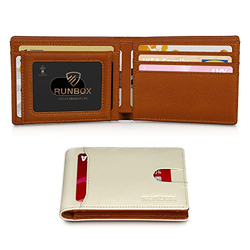 RUNBOX Wallet for Men, Slim Leather Bifold, RFID Blocking Card Holder - color: oil white&brown