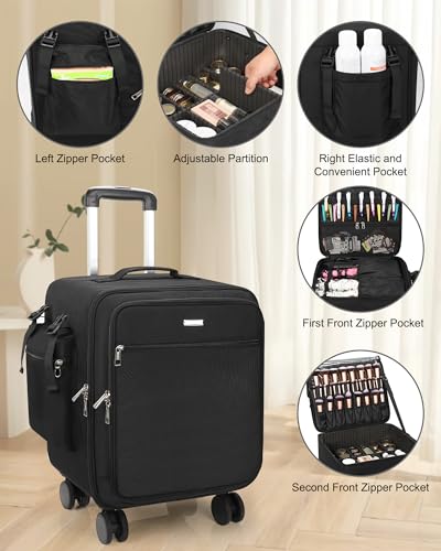 Relavel Rolling Makeup Case Professional Makeup Train Case, Rolling Makeup Kit Bag Makeup Artist Travel Bag with Wheels, Portable Travel Beauty Trolley Case for Cosmetology Storage(Black) - color: Black with 8 Mini Bags