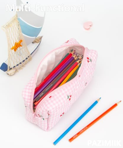 PAZIMIIK Small Quilted Makeup Bag,Zipper Cosmetic Pouch,Gingham Pink Cherry - color: Gingham Pink Cherry