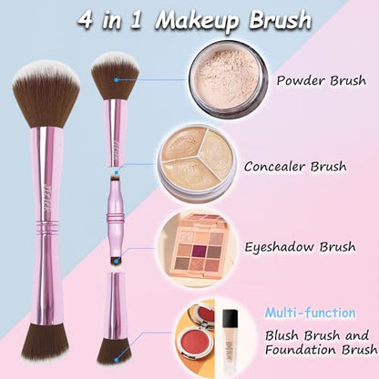 4 in 1 Makeup Brush Set, Travel Makeup Brushes with Case, Foundation Brush/Blush Brush, Eyeshadow Powder Brush,Concealer Brush (pink-plastic case) - style: pink-plastic case