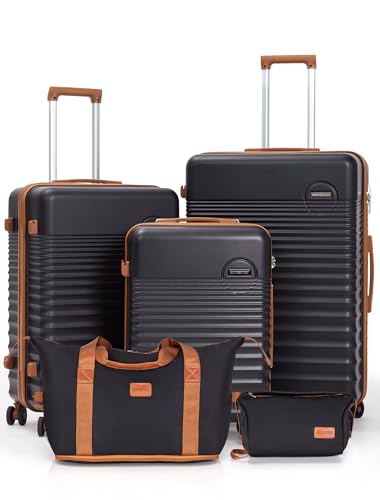 CONCEPTEN Luggage Sets 5 Piece, ABS+PC Hardshell Suitcases with Wheels - color: Black, size: 5 Piece Sets (20/24/28/Db/Tb)