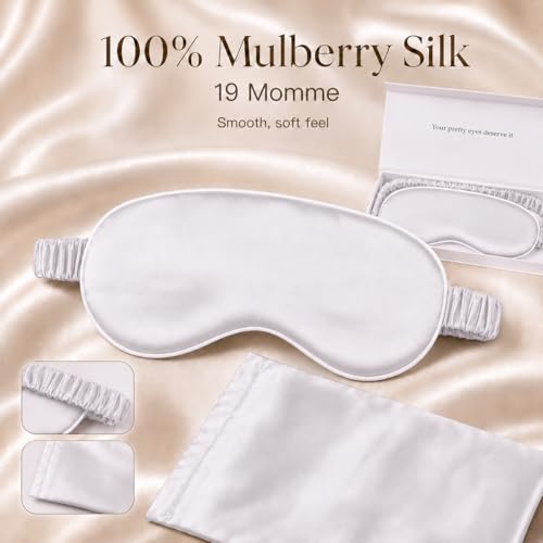 Silk Sleep Mask Light Blocking Luxury 100% Mulberry 19mm Silk Eye Mask Eye Cover Blindfold Ultra Soft Light & Comfy Anti Aging Skin Care with Travel Bag Gift Package - color: Silver