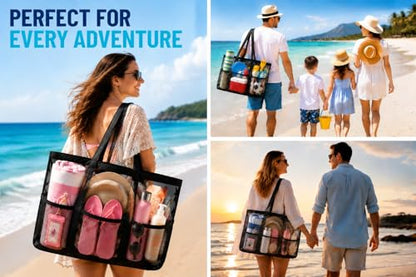 SRISE Mesh Beach Bag - Large Beach Tote Bag for Family Beach Bag for Toys & Vacation Essentials - color: Black
