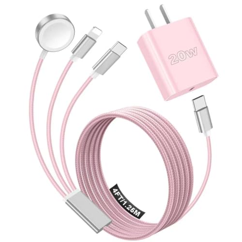 Travel Essentials Multi Charging Cable with 20W Charger Block - color: Pink, size: 1.2M/4FT