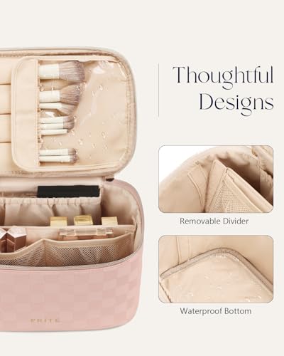 Prite Makeup Bag Travel Cosmetic Case, Women Toiletry Bag, Checkered Pink - color: Checkered Pink