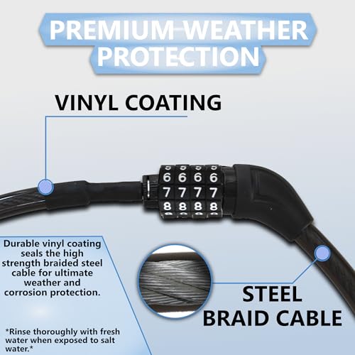 Lumintrail Long Coiled Bike Cable Lock 3/8 Inch 20ft. (4, 6, 10, 15, 20, 25, 30ft), Weatherproof Locks for Kayak, Bike, Scooter, Paddleboard, Resettable Combination Lock Anti Theft Protection - size: 20-FT