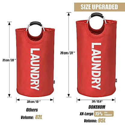 DOKEHOM 95L Large Laundry Basket, Collapsible Laundry Bag, Freestanding Tall Clothes Hamper, Foldable Washing Bin (Red) - color: Red, size: 95L