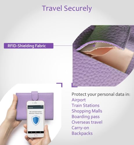 RFID Passport Wallet for Women, Genuine Leather Travel Holder - color: Lavender