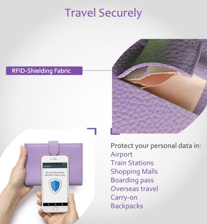 RFID Passport Wallet for Women, Genuine Leather Travel Holder - color: Lavender