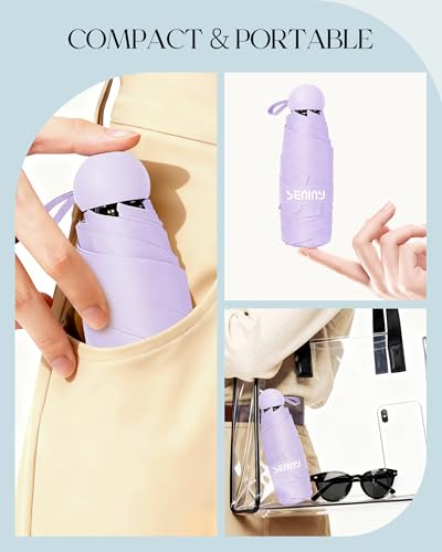Seniny Mini Travel Umbrella with Case, Compact Pocket Size UV Sun & Rain - color: Purple