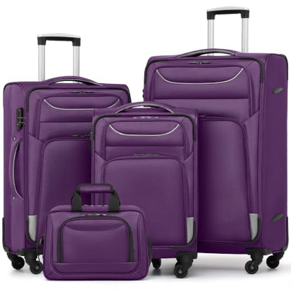 Coolife Softshell Luggage, TSA Lock, Spinner Wheels, 4-Piece Set with Tote - color: purple+sliver