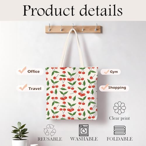 Fruit Canvas Tote Bag, Reusable Cute Shoulder Bag for Shopping Travel - color: Cherry