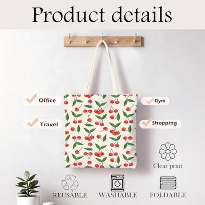 Fruit Canvas Tote Bag, Reusable Cute Shoulder Bag for Shopping Travel - color: Cherry