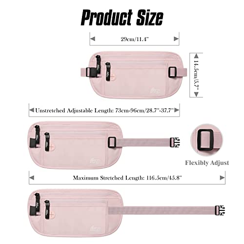 MoKo Travel Money Belt with RFID Blocking, 3 Pockets, Pink - color: Pink, size: Waist for 28"-50"