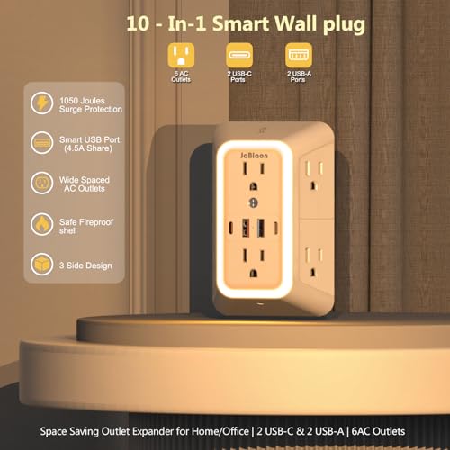 Wall Outlet Extender with Night Light, Power Plug Adapter Multi Plug Outlet Surge Protector with 4 USB Charging Ports (2 USB C), Adapter Spaced Outlets for Home Travel Office-ETL - color: White Night Light 1 Pack