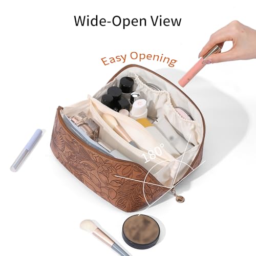 Travel Makeup Bag Cosmetic Bags for Women Large Capacity Water-resistant Portable Pouch Open Flat Toiletry Bag - color: A05-Khaki