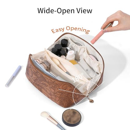 Travel Makeup Bag Cosmetic Bags for Women Large Capacity Water-resistant Portable Pouch Open Flat Toiletry Bag - color: A05-Khaki