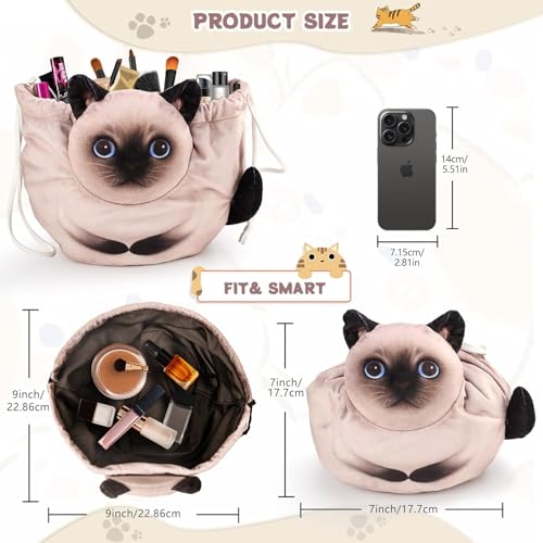 Openhaha Drawstring Travel Organizer, Cosmetic Pouch - Cat Gift for Women, Lay Flat Makeup Bag Gifts for Cat Lovers (2-Pack) - color: Siamese and blue cat