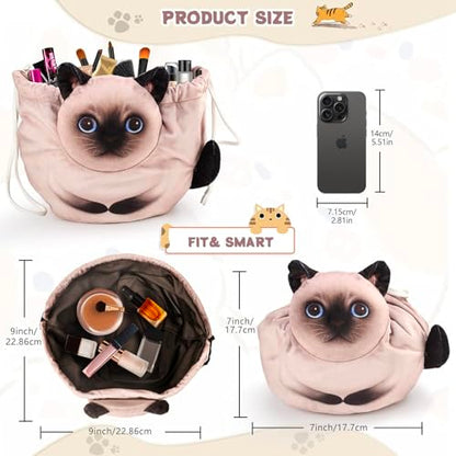 Openhaha Drawstring Travel Organizer, Cosmetic Pouch - Cat Gift for Women, Lay Flat Makeup Bag Gifts for Cat Lovers (2-Pack) - color: Siamese and blue cat