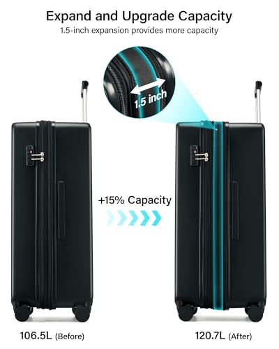Hanke 28 Inch Expandable Large Checked Luggage, Hard Shell with Side Hook | PC Hard Shell, Large Check in Size, Separate Wet Pocket, 8 Spinner Wheels, for long Trip, European travel - color: Jet Black, size: 28 Inch EXT