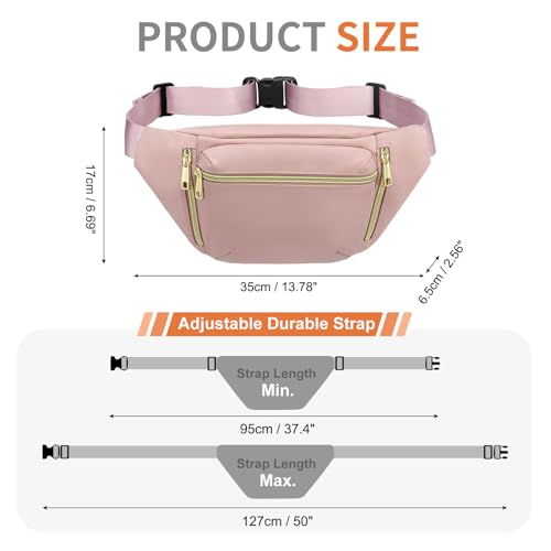 Crossbody Fanny Pack with 5-Zipper Pockets Waterproof, Pink - color: Pink