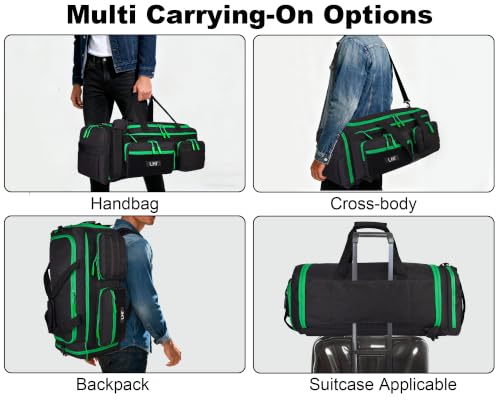 LHI 50L Tactical Duffle Bag for Men, 3-in-1 Gym Duffle and Backpack, Shoe Compartment, Laptop Sleeve and MOLLE, Carry-On Travel Weekender and Overnight Bag – Black with green zippers - color: Black Green