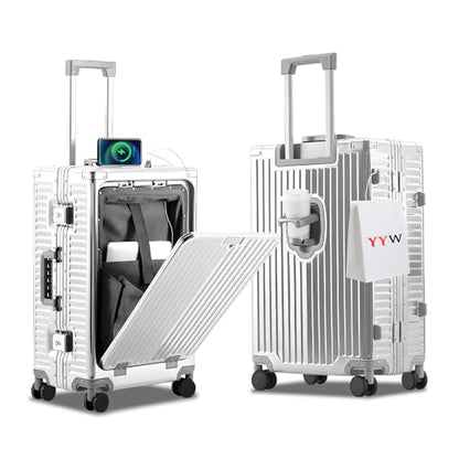 YYW All Aluminium Luggage With Spinner Wheels Lightweight PC hardside Rolling Suitcase, Built-In TSA lock Carry on Suitcase, with Cup Holder, USB Port, Phone Holder (Silver,24inch/39x25x65cm) - color: Silver, size: 24inch/39x25x65cm