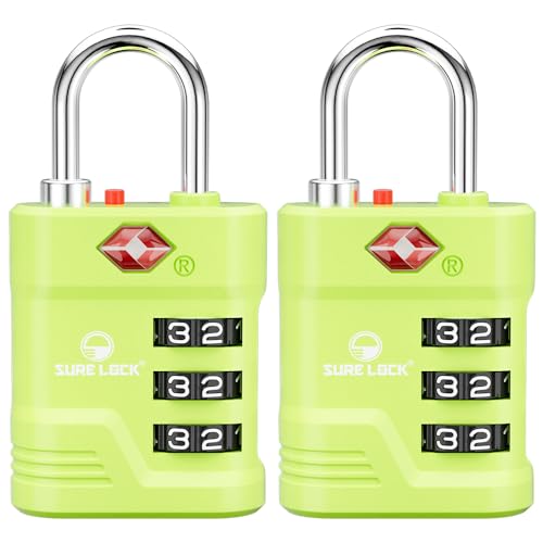 SURE LOCK TSA Approved Luggage Lock – 3-Digit Resettable Combination Padlock with Open Alert Red Dot, Large Easy-Read Dials for Suitcases, Backpacks, Gym & School Lockers - color: Green