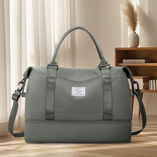 Travel Duffel Bag with Shoes Compartment, Weekender Bags for Women - color: A-Olive Green, size: Medium