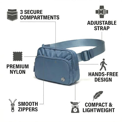 Pander Nylon Crossbody Belt Bag with Excess Strap Keepers, 6-Pocket Adjustable Sling Fanny Pack for Travel and Everyday Carry, Blue - color: Blue