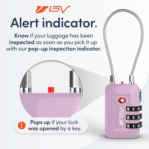 BV Luggage Locks TSA Accepted, Travel Sentry Approved 3-Digit Combination Suitcase Locks with Open Alert & Flexible Cable for Travel, Backpacks, Lockers, Cases, Purple, 2 Pack - color: Purple 2-Pack