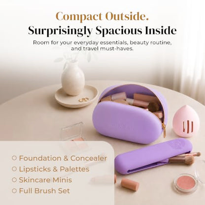 Silicone Makeup Bag Set - Cosmetic Pouch, Brush Holder, Beauty Sponge Case - color: Green