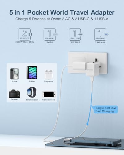 BEONDON Universal Travel Adapter 25W USB-C PD Charger Worldwide Plug - color: White-25