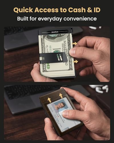 Wallet for Men Card Holder: Pop Up Card Case, Genuine Leather, Smart, RFID Blocking, Slim, Minimalist, Thin, Front Pocket - 12 Card Capacity, ID Window, Money Clip (Bronze) - color: Bronze