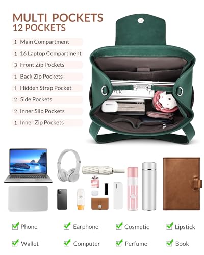 Laptop Bag for Women 15.6 inch Leather Backpack Purse - color: Green