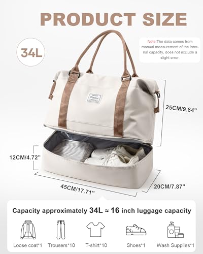 Travel Duffel Weekender Bag Women Tote Carry On Bags With Shoe Compartment - color: H8-BeigeBrown, size: Large