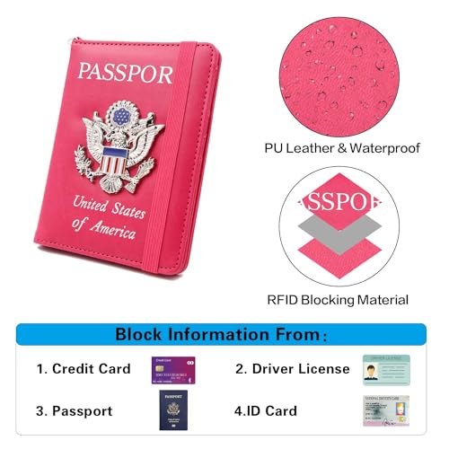 Passport Holder for Travel,Passport Cover Case with RFID (rose red) - color: rose red
